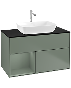 Villeroy und Boch Finion Villeroy und Boch F772GMGM 100cm, plaque de finition noir mat, étagères olive laqué mat, Olive Matt Lacquer