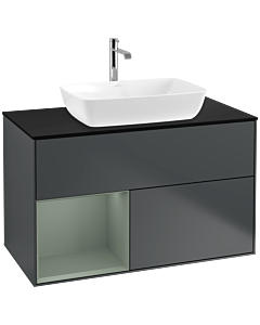 Villeroy und Boch Finion Waschtischunterschrank F772GMHG 100cm, Abdeckplatte black matt, Regale Olive matt lacquer, Midnight Blue Matt Lacquer