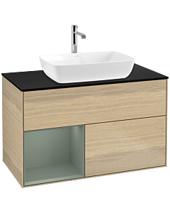 Villeroy und Boch Finion Waschtischunterschrank F772GMPC 100cm, Abdeckplatte black matt, Regale Olive matt lacquer, Oak Veneer