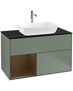 Villeroy und Boch Finion Waschtischunterschrank F772GNGM 100cm, Abdeckplatte black matt, Regale Walnut Veneer, Olive Matt Lacquer