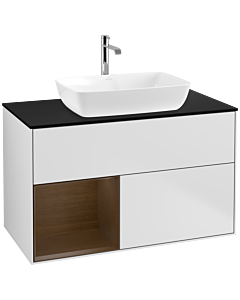 Villeroy und Boch Finion Waschtischunterschrank F772GNMT 100cm, Abdeckplatte black matt, Regale Walnut Veneer, White matt lacquer
