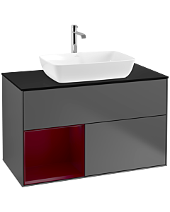 Villeroy und Boch Finion Waschtischunterschrank F772HBGK 100cm, Abdeckplatte black matt, Regale Peony matt lacquer, Anthracite matt