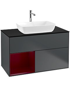 Villeroy und Boch Finion Waschtischunterschrank F772HBHG 100cm, Abdeckplatte black matt, Regale Peony matt lacquer, Midnight Blue Matt Lacquer