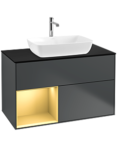 Villeroy und Boch Finion Waschtischunterschrank F772HFHG 100cm, Abdeckplatte black matt, Regale Gold matt lacquer, Midnight Blue Matt Lacquer