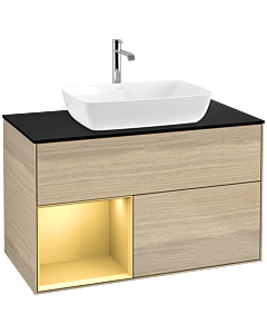 Villeroy und Boch Finion Waschtischunterschrank F772HFPC 100cm, Abdeckplatte black matt, Regale Gold matt lacquer, Oak Veneer
