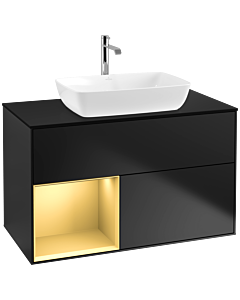 Villeroy und Boch Finion Waschtischunterschrank F772HFPD 100cm, Abdeckplatte black matt, Regale Gold matt lacquer, Black matt lacquer