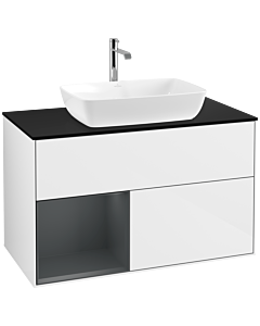 Villeroy und Boch Finion Waschtischunterschrank F772HGGF 100cm, Abdeckplatte black matt, Regale Midnight matt lacquer, Glossy white lacquer