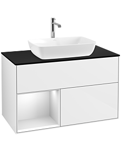 Villeroy und Boch Finion Villeroy und Boch F772MTGF 100cm, plaque de finition noir mat, étagères laqué blanc mat, laqué blanc brillant