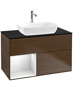 Villeroy und Boch Finion Waschtischunterschrank F772MTGN 100cm, Abdeckplatte black matt, Regale White matt lacquer, Walnut veneer