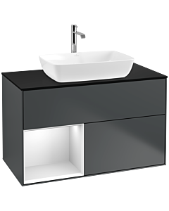 Villeroy und Boch Finion Waschtischunterschrank F772MTHG 100cm, Abdeckplatte black matt, Regale White matt lacquer, Midnight Blue Matt Lacquer