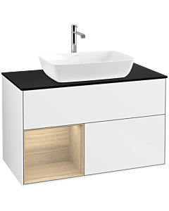 Villeroy und Boch Finion Villeroy und Boch F772PCGF 100cm, plaque de finition noir mat, étagères Oak Veneer , laqué blanc brillant