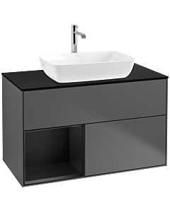 Villeroy und Boch Finion Waschtischunterschrank F772PDGK 100cm, Abdeckplatte black matt, Regale Black matt lacquer, Anthracite matt