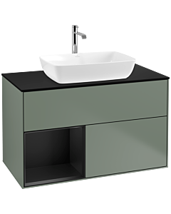 Villeroy und Boch Finion Villeroy und Boch F772PDGM 100cm, plaque de finition noir mat, étagères laqué noir mat, Olive Matt Lacquer