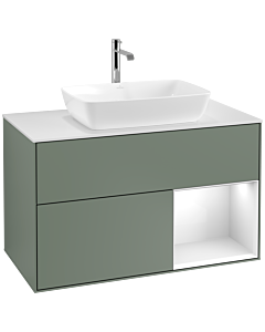 Villeroy und Boch Finion Waschtischunterschrank F781GFGM 100cm, Abdeckplatte white matt, Regale Glossy white lacquer, Olive Matt Lacquer