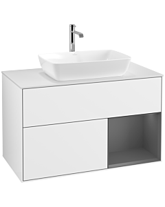 Villeroy und Boch Finion Waschtischunterschrank F781GKGF 100cm, Abdeckplatte white matt, Regale Anthracite matt lacquer, Glossy white lacquer