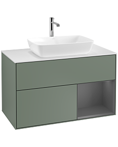 Villeroy und Boch Finion Villeroy und Boch F781GKGM 100cm, plaque de finition blanc mat, étagères laqué mat anthracite, Olive Matt Lacquer