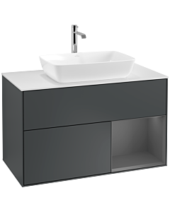 Villeroy und Boch Finion Waschtischunterschrank F781GKHG 100cm, Abdeckplatte white matt, Regale Anthracite matt lacquer, Midnight Blue Matt Lacquer