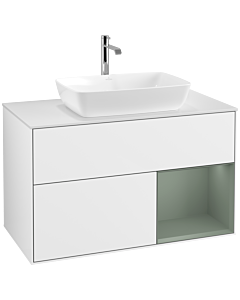 Villeroy und Boch Finion Waschtischunterschrank F781GMGF 100cm, Abdeckplatte white matt, Regale Olive matt lacquer, Glossy white lacquer