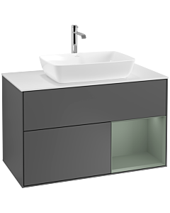 Villeroy und Boch Finion Waschtischunterschrank F781GMGK 100cm, Abdeckplatte white matt, Regale Olive matt lacquer, Anthracite matt