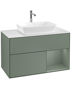 Villeroy und Boch Finion Villeroy und Boch F781GMGM 100cm, plaque de finition blanc mat, étagères laqué mat olive, Olive Matt Lacquer