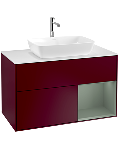 Villeroy und Boch Finion Waschtischunterschrank F781GMHB 100cm, Abdeckplatte white matt, Regale Olive matt lacquer, Peony Matt