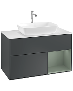 Villeroy und Boch Finion Villeroy und Boch F781GMHG 100cm, plaque de finition blanc mat, étagères olive laqué mat, Midnight Blue Matt Lacquer