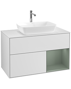 Villeroy und Boch Finion Villeroy und Boch F781GMMT 100cm, plaque de recouvrement blanc mat, étagères laqué mat olive, laqué mat blanc