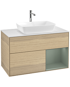Villeroy und Boch Finion Waschtischunterschrank F781GMPC 100cm, Abdeckplatte white matt, Regale Olive matt lacquer, Oak Veneer