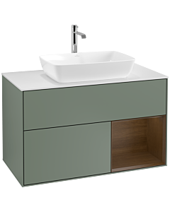 Villeroy und Boch Finion Waschtischunterschrank F781GNGM 100cm, Abdeckplatte white matt, Regale Walnut Veneer, Olive Matt Lacquer