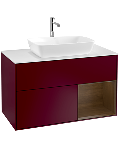 Villeroy und Boch Finion Waschtischunterschrank F781GNHB 100cm, Abdeckplatte white matt, Regale Walnut Veneer, Peony Matt