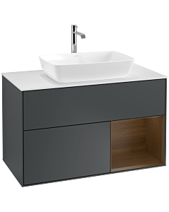 Villeroy und Boch Finion Waschtischunterschrank F781GNHG 100cm, Abdeckplatte white matt, Regale Walnut Veneer, Midnight Blue Matt Lacquer