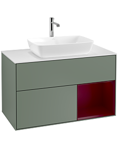 Villeroy und Boch Finion Villeroy und Boch F781HBGM 100cm, plaque de finition blanc mat, étagères Peony laqué mat, Olive Matt Lacquer