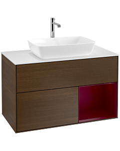 Villeroy und Boch Finion Waschtischunterschrank F781HBGN 100cm, Abdeckplatte white matt, Regale Peony matt lacquer, Walnut veneer