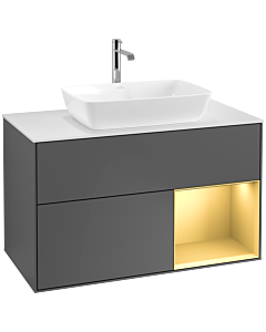 Villeroy und Boch Finion Villeroy und Boch F781HFGK 100cm, plaque de recouvrement blanc mat, étagères laqué or mat, anthracite mat