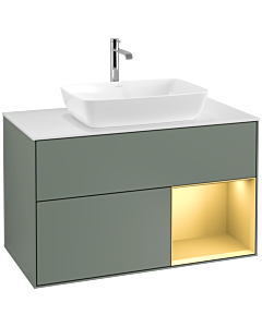 Villeroy und Boch Finion Villeroy und Boch F781HFGM 100cm, plaque de recouvrement blanc mat, étagères laqué or mat, Olive Matt Lacquer