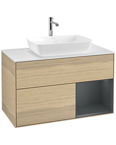 Villeroy und Boch Finion Waschtischunterschrank F781HGPC 100cm, Abdeckplatte white matt, Regale Midnight matt lacquer, Oak Veneer