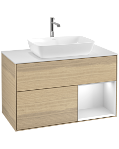 Villeroy und Boch Finion Waschtischunterschrank F781MTPC 100cm, Abdeckplatte white matt, Regale White matt lacquer, Oak Veneer