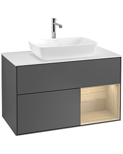 Villeroy und Boch Finion Waschtischunterschrank F781PCGK 100cm, Abdeckplatte white matt, Regale Oak Veneer, Anthracite matt