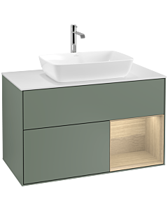 Villeroy und Boch Finion Villeroy und Boch F781PCGM 100cm, plaque de recouvrement blanc mat, étagères Oak Veneer , Olive Matt Lacquer