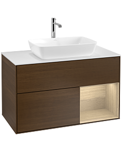 Villeroy und Boch Finion Waschtischunterschrank F781PCGN 100cm, Abdeckplatte white matt, Regale Oak Veneer, Walnut veneer