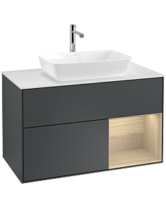 Villeroy und Boch Finion Waschtischunterschrank F781PCHG 100cm, Abdeckplatte white matt, Regale Oak Veneer, Midnight Blue Matt Lacquer