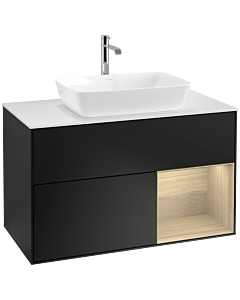 Villeroy und Boch Finion Waschtischunterschrank F781PCPD 100cm, Abdeckplatte white matt, Regale Oak Veneer, Black matt lacquer