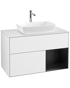 Villeroy und Boch Finion Waschtischunterschrank F781PDGF 100cm, Abdeckplatte white matt, Regale Black matt lacquer, Glossy white lacquer