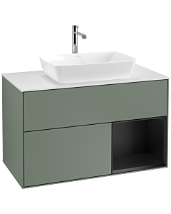 Villeroy und Boch Finion Villeroy und Boch F781PDGM 100cm, plaque de recouvrement blanc mat, étagères laqué noir mat, Olive Matt Lacquer