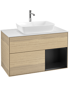 Villeroy und Boch Finion Waschtischunterschrank F781PDPC 100cm, Abdeckplatte white matt, Regale Black matt lacquer, Oak Veneer