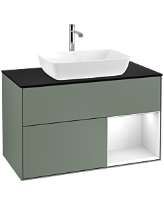 Villeroy und Boch Finion Waschtischunterschrank F782GFGM 100cm, Abdeckplatte black matt, Regale Glossy white lacquer, Olive Matt Lacquer