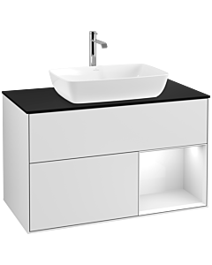 Villeroy und Boch Finion Villeroy und Boch F782GFMT 100cm, plaque de recouvrement noir mat, étagères laqué blanc brillant, laqué blanc mat