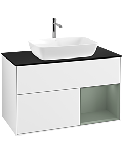 Villeroy und Boch Finion Waschtischunterschrank F782GMGF 100cm, Abdeckplatte black matt, Regale Olive matt lacquer, Glossy white lacquer