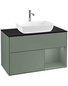 Villeroy und Boch Finion Villeroy und Boch F782GMGM 100cm, plaque de recouvrement noir mat, étagères laqué olive mat, Olive Matt Lacquer