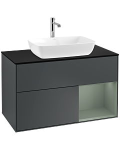 Villeroy und Boch Finion Waschtischunterschrank F782GMHG 100cm, Abdeckplatte black matt, Regale Olive matt lacquer, Midnight Blue Matt Lacquer